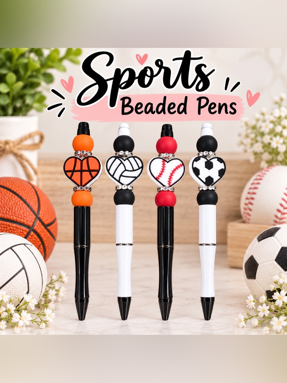 Handmade Sports Beaded Pens Basketball Volleyball Baseball Soccer